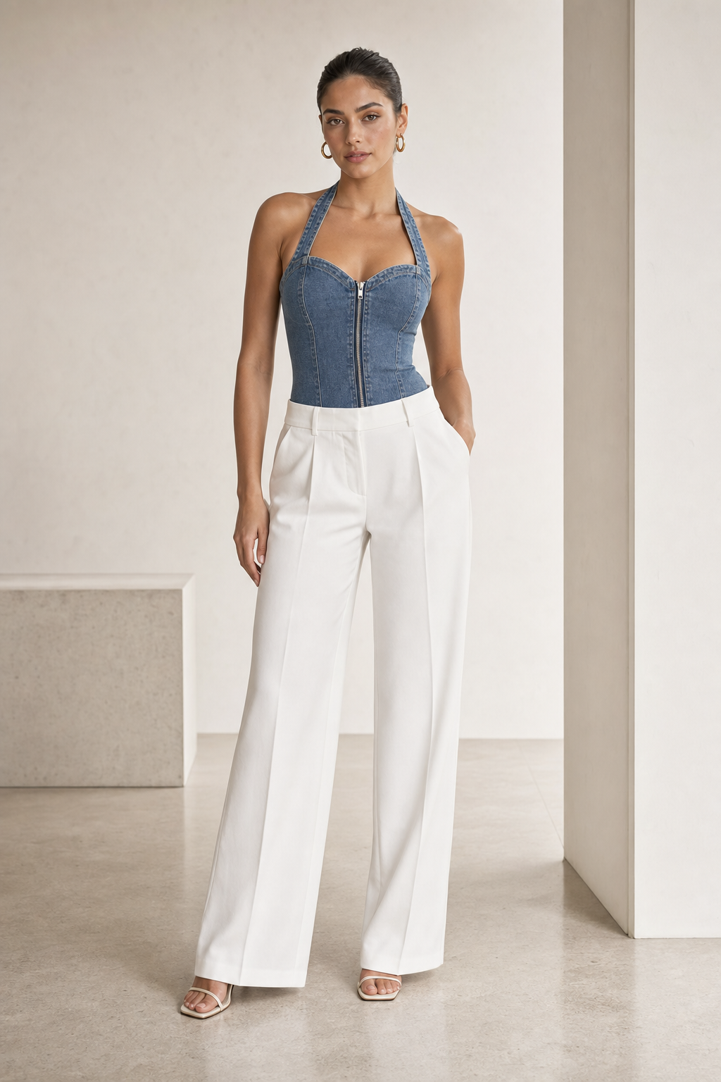 Body halter effetto denim con zip frontale