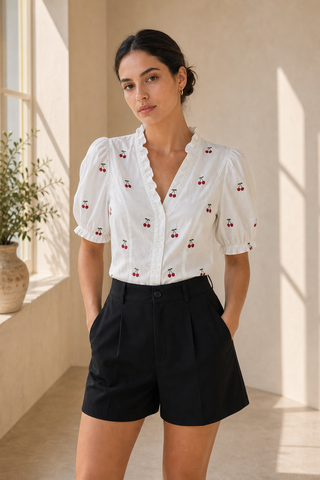 Camicia con Ricami Ciliegie e Volant