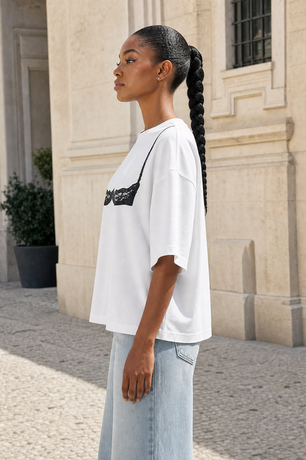 T-shirt Oversize con Stampa Effetto Lingerie