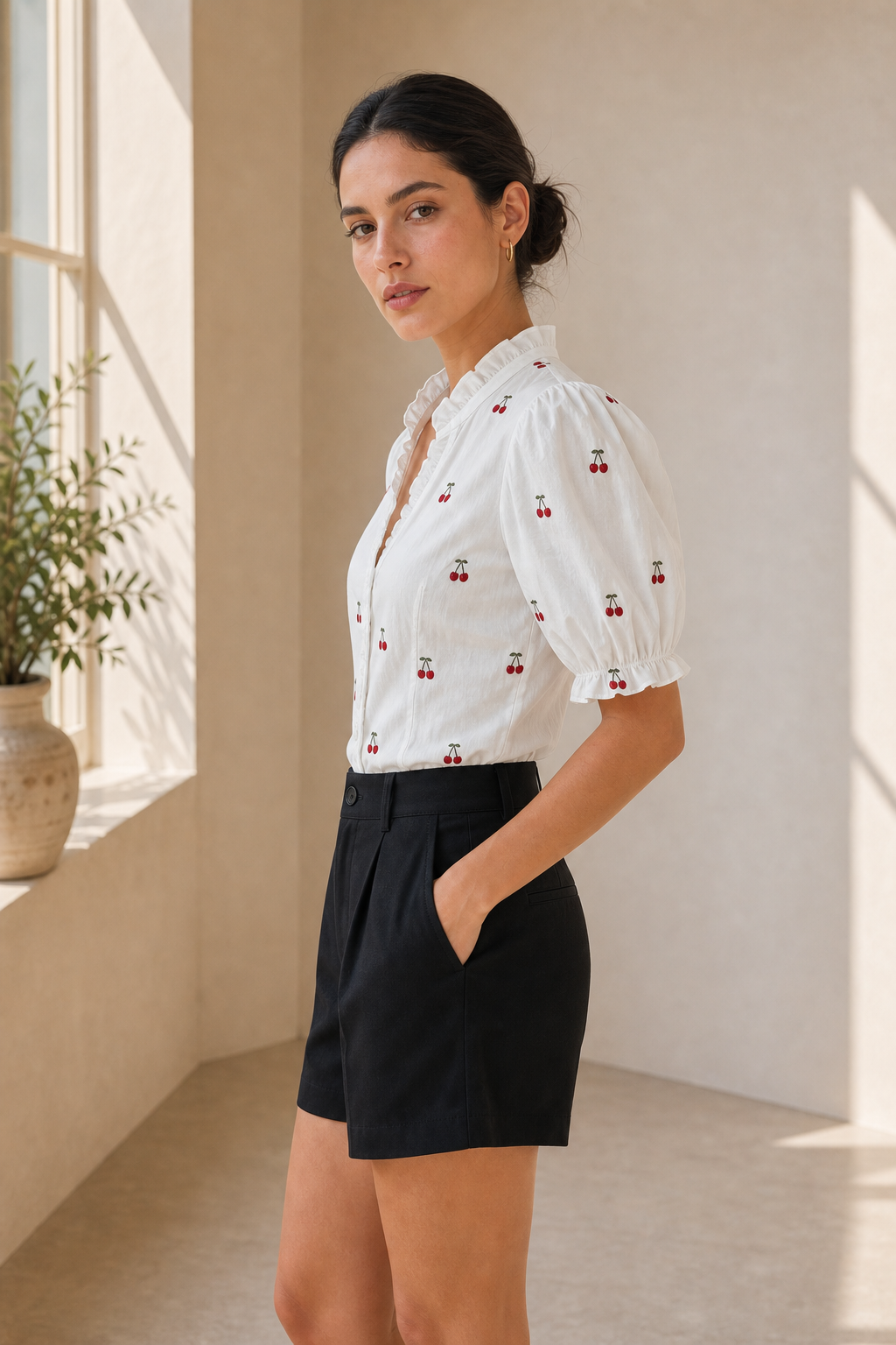 Camicia con Ricami Ciliegie e Volant
