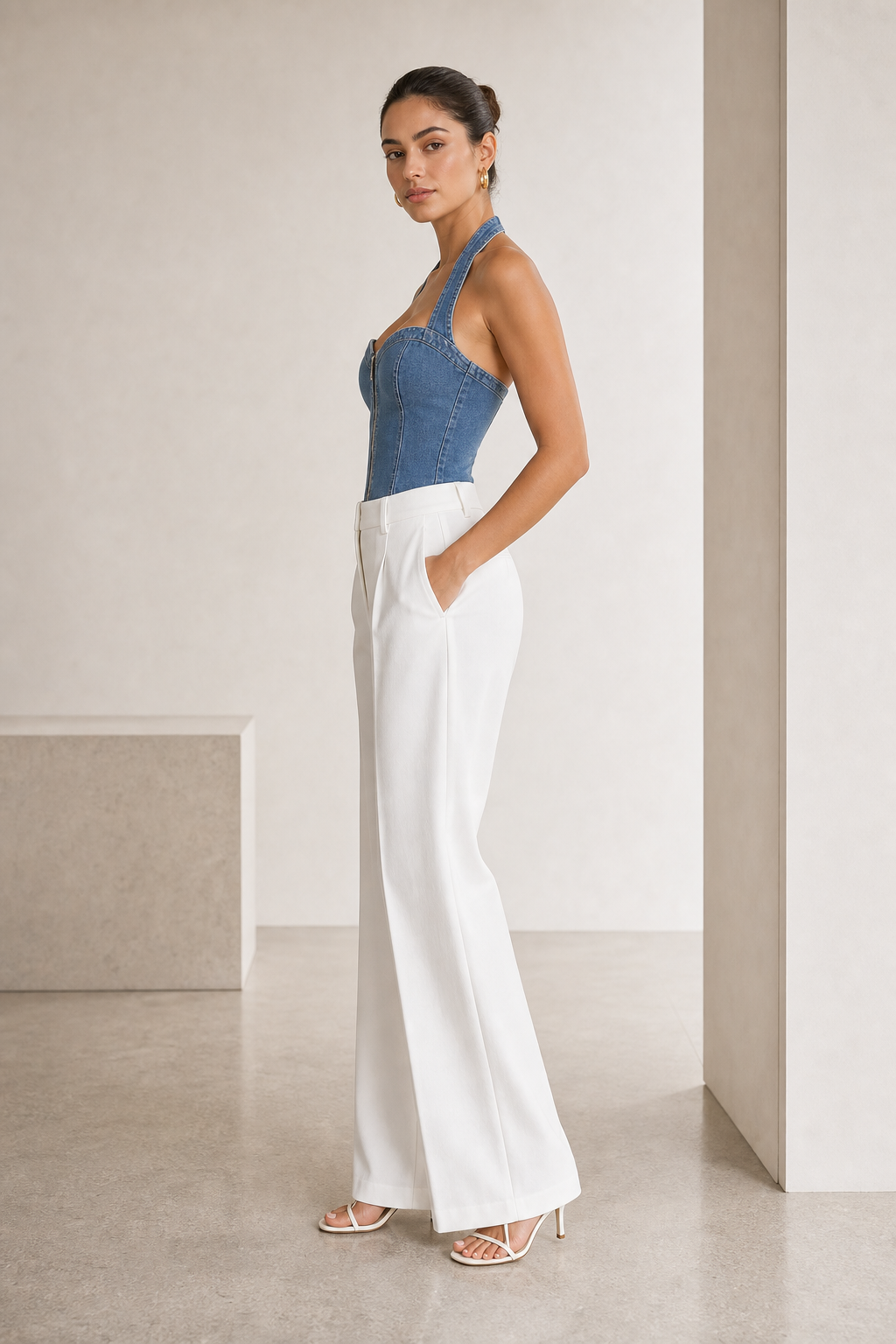 Body halter effetto denim con zip frontale