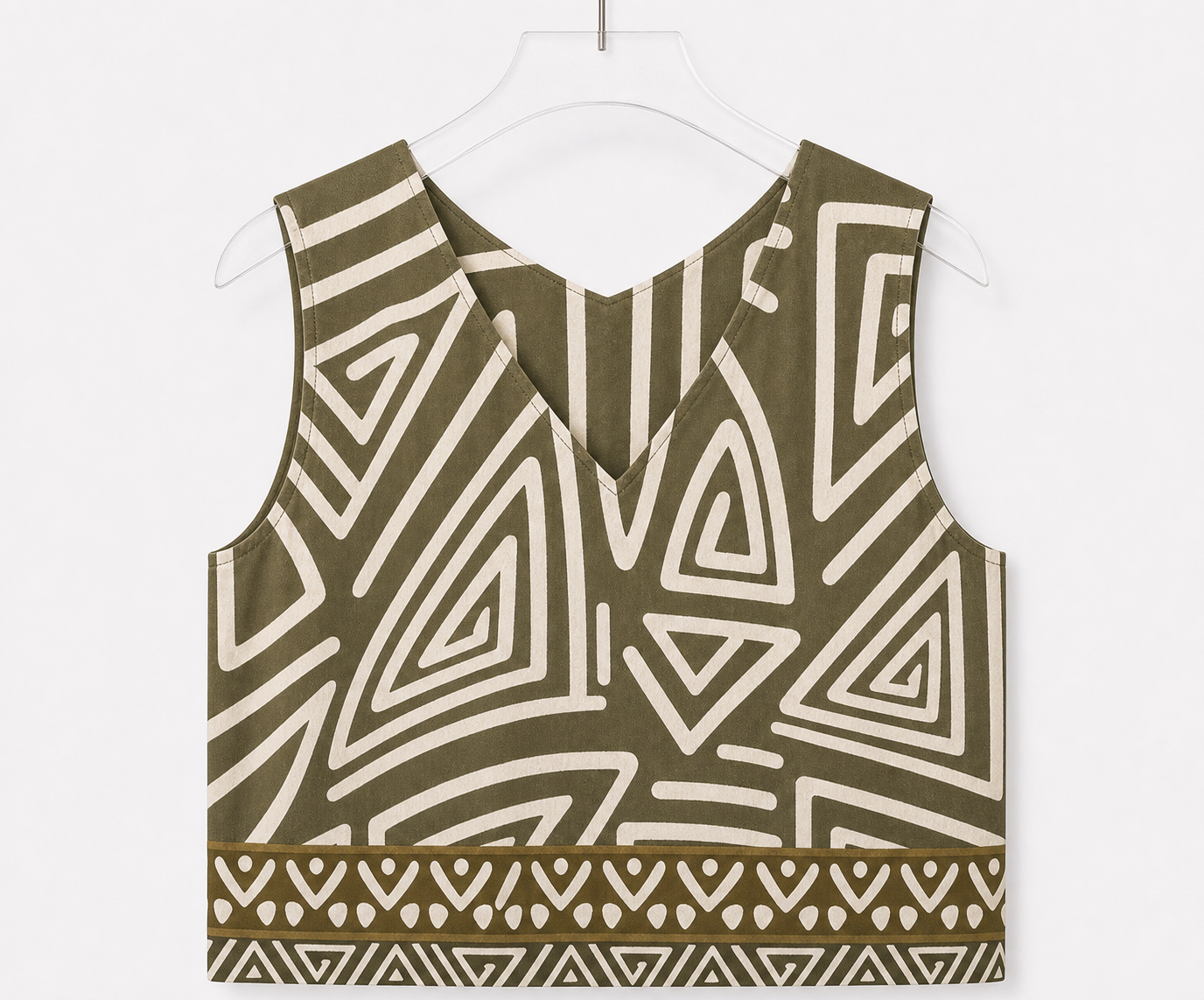 Top smanicato con stampa geometrica e bordo a contrasto