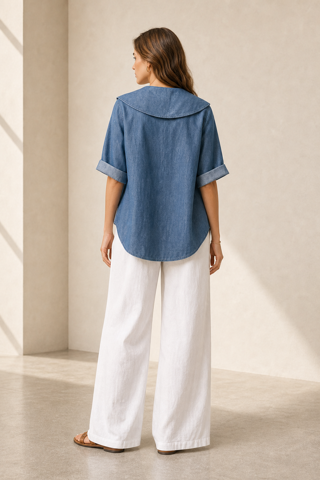 Camicia corta in denim con maxi colletto e maniche risvoltate