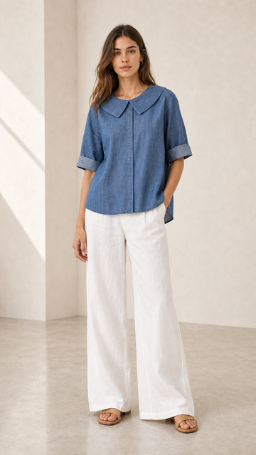 Camicia corta in denim con maxi colletto e maniche risvoltate