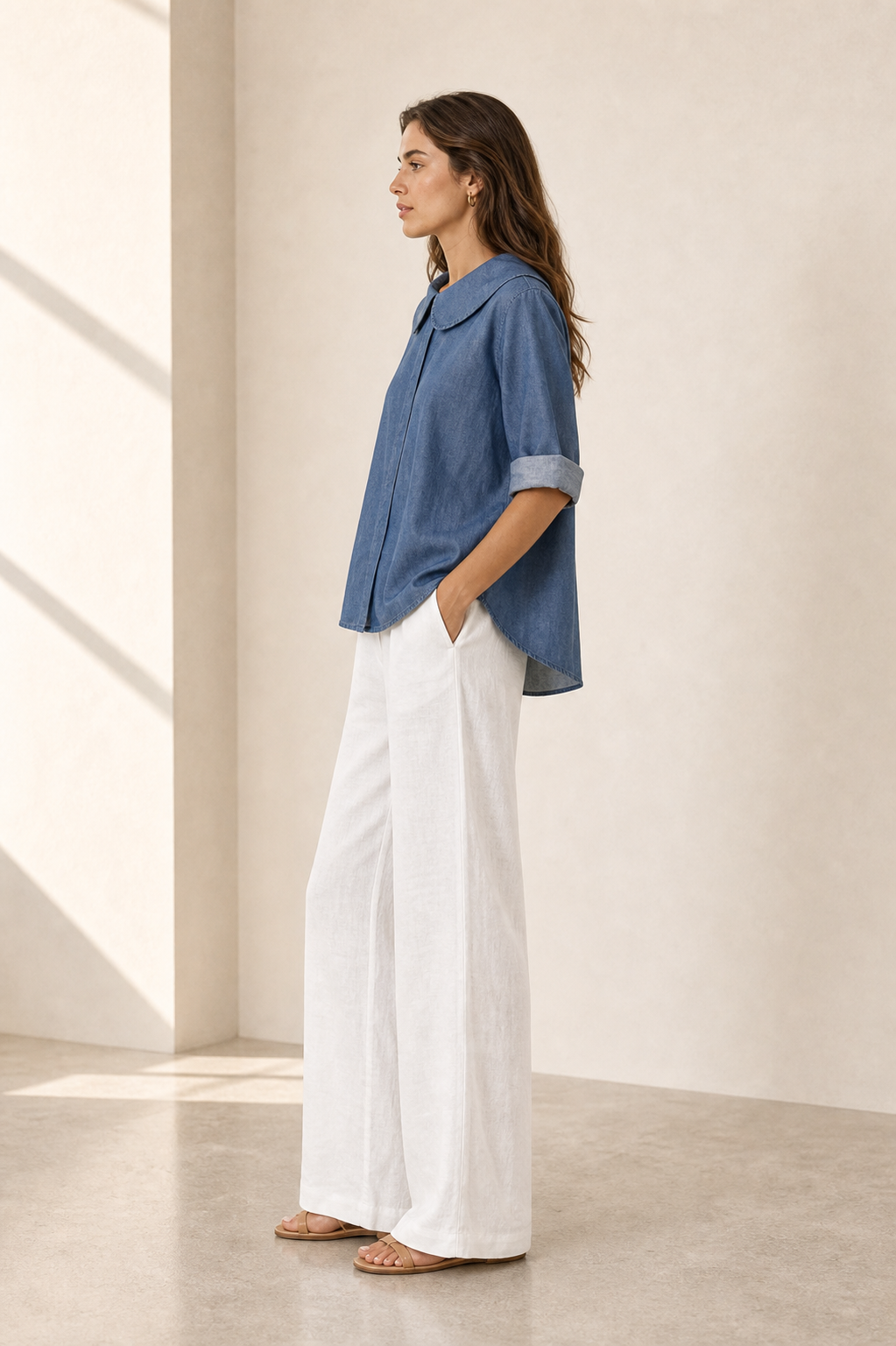 Camicia corta in denim con maxi colletto e maniche risvoltate
