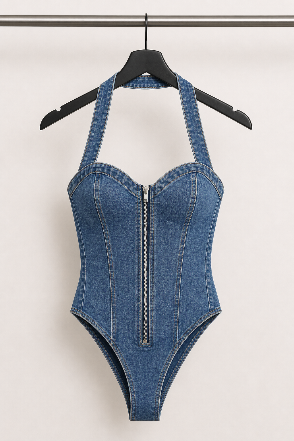 Body halter effetto denim con zip frontale
