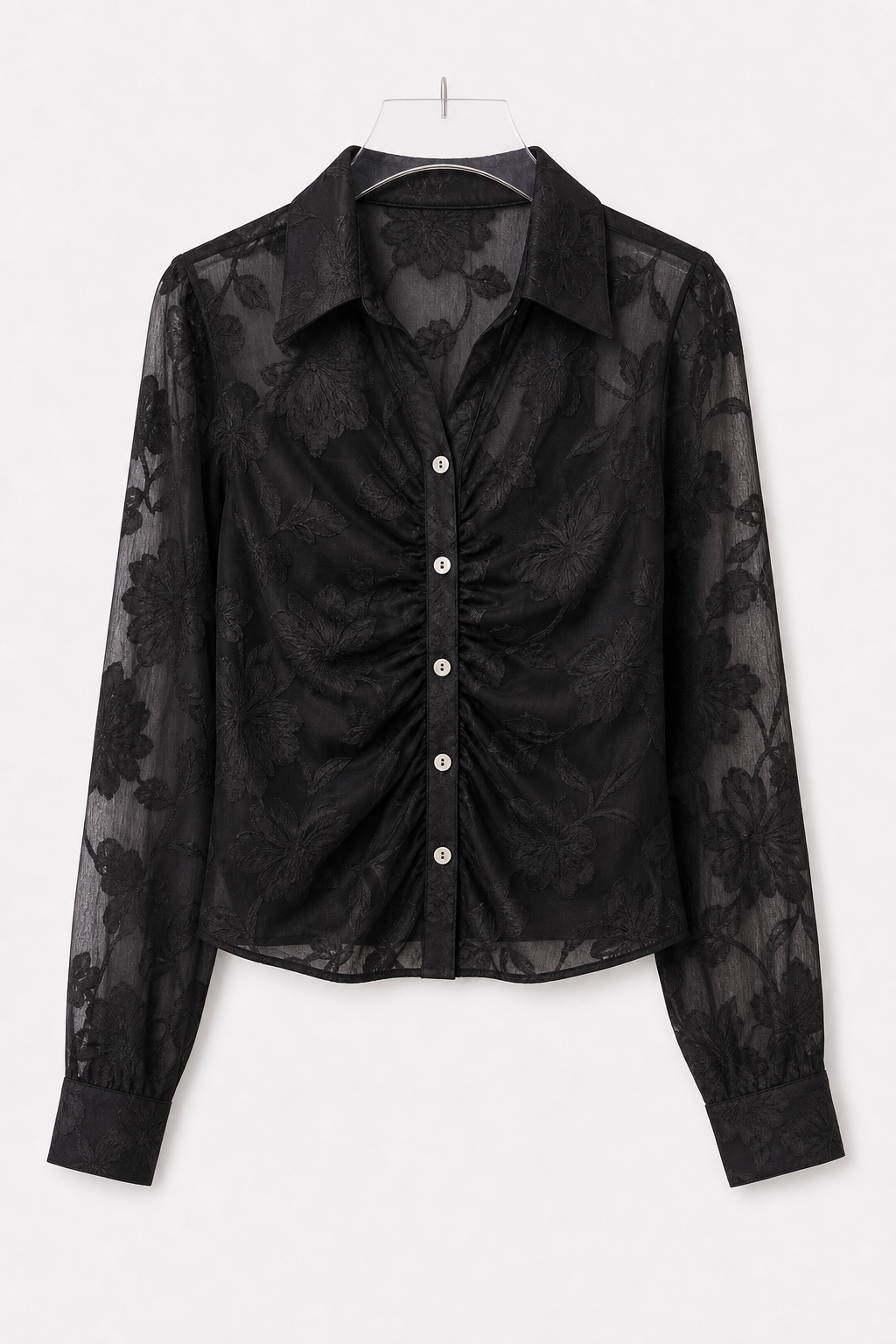 Camicia in organza floreale con arricciatura frontale