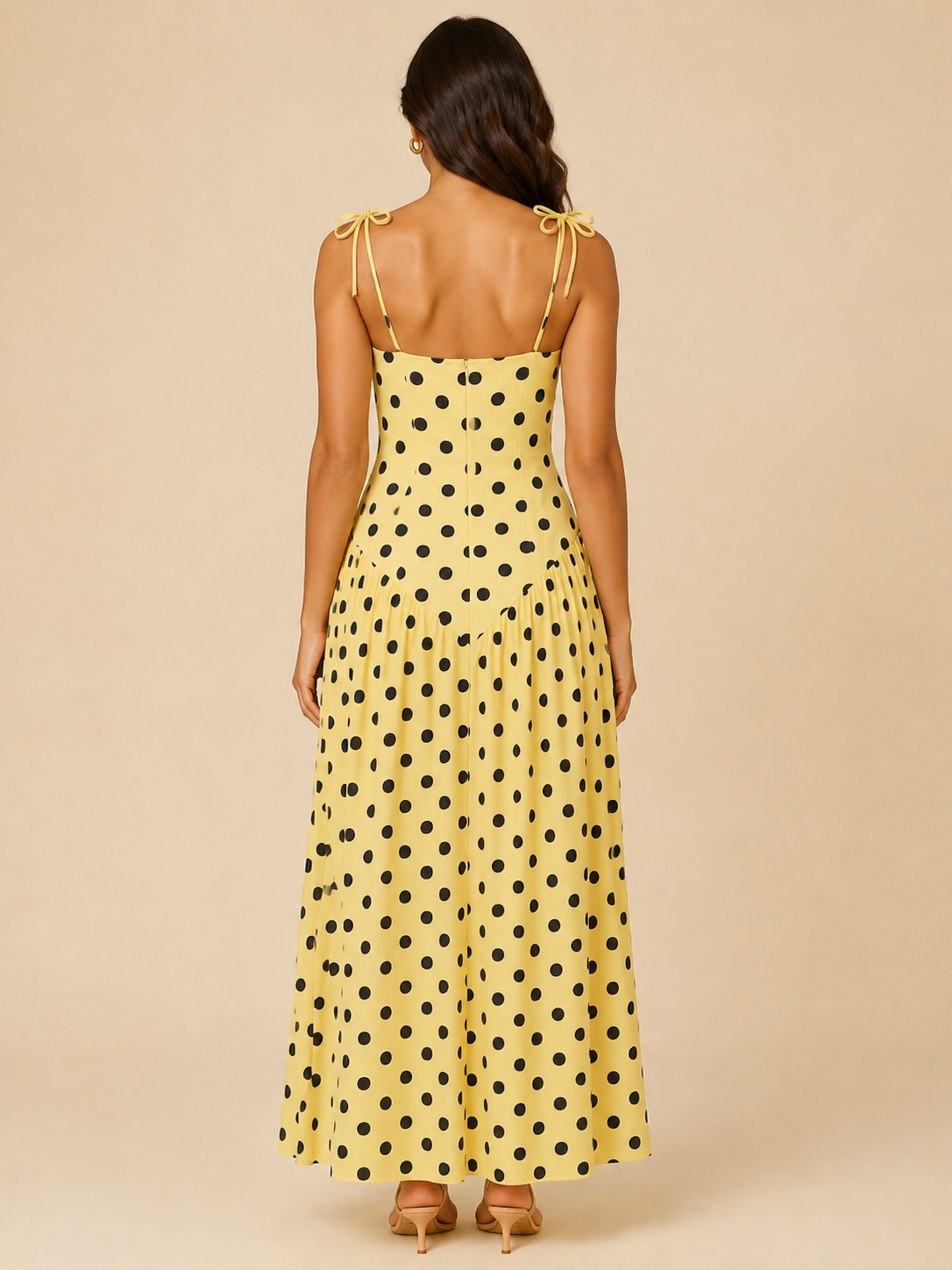 Abito Lungo Giallo a Pois con Spalline Annodate