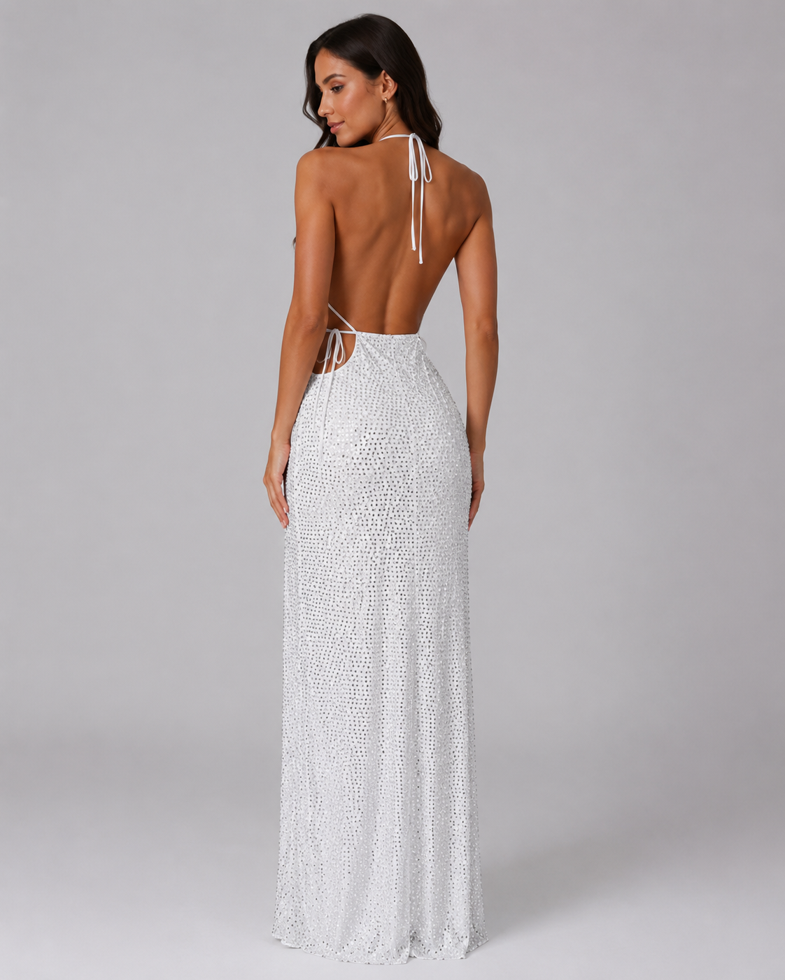 Abito Lungo con Paillettes e Scollo Drappeggiato