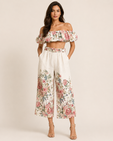 Completo Floreale con Top Bardot e Pantalone Culotte