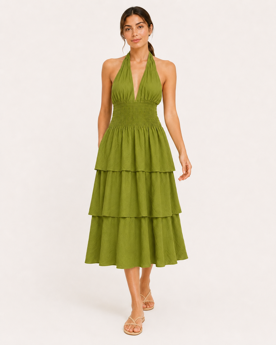 Abito Midi Verde Oliva con Scollo Halter e Gonna a Balze