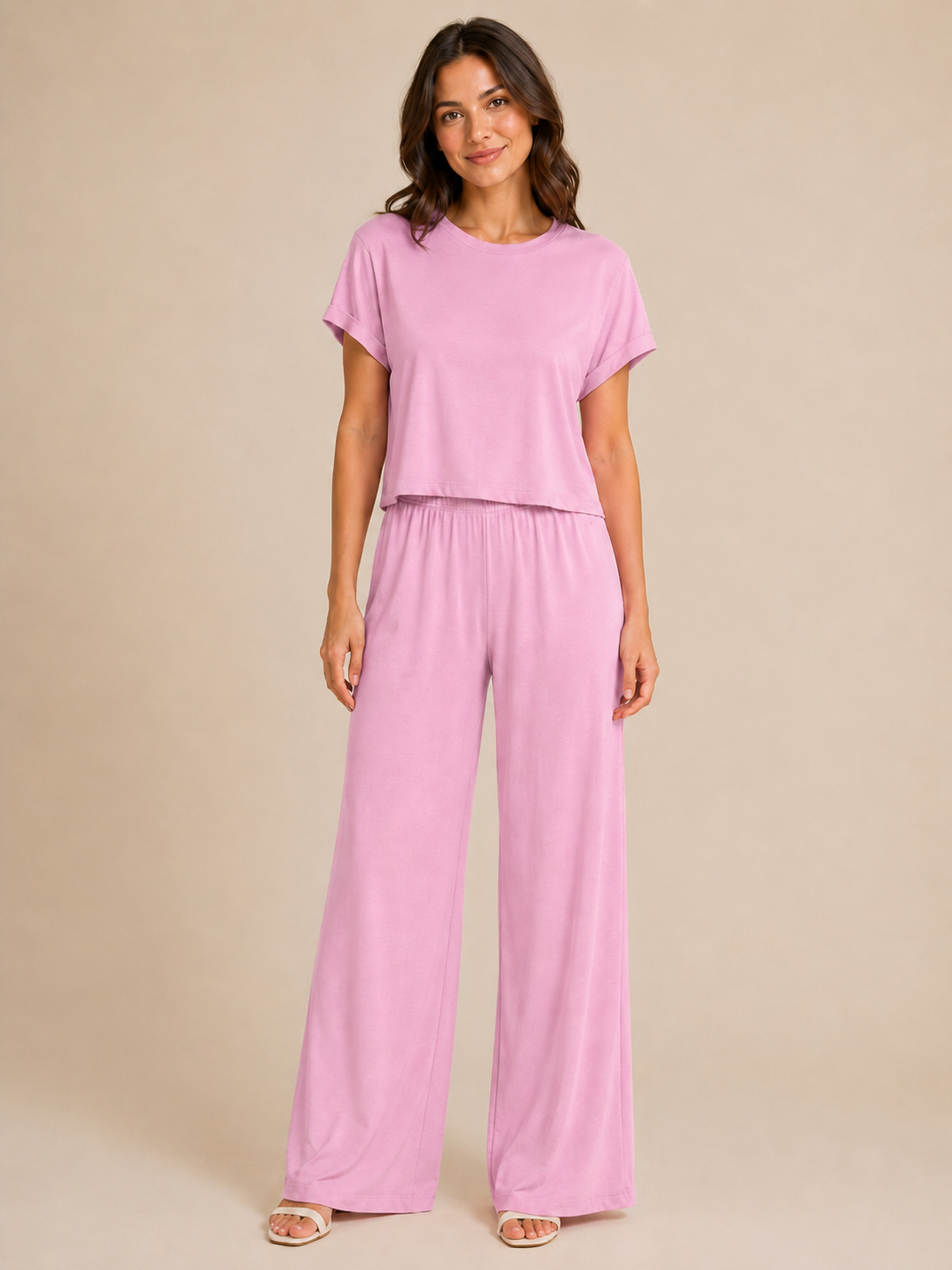 Completo Rosa in Jersey con T-shirt e Pantalone Palazzo
