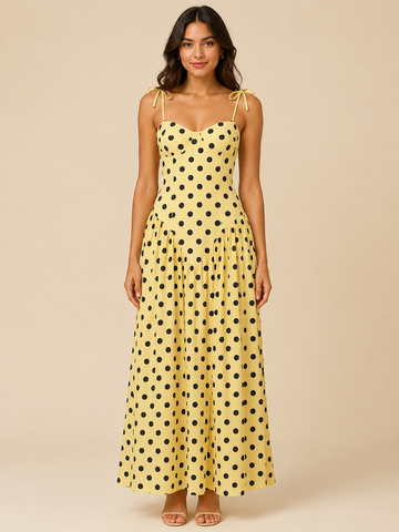 Abito Lungo Giallo a Pois con Spalline Annodate