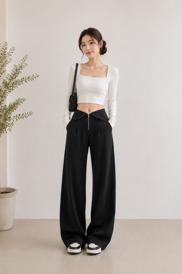 Pantalone Palazzo a Vita Alta con Zip Frontale