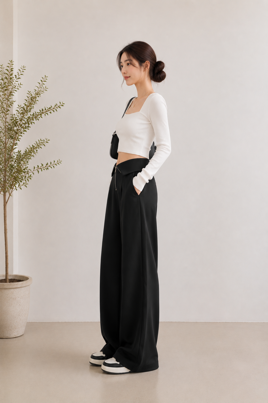 Pantalone Palazzo a Vita Alta con Zip Frontale