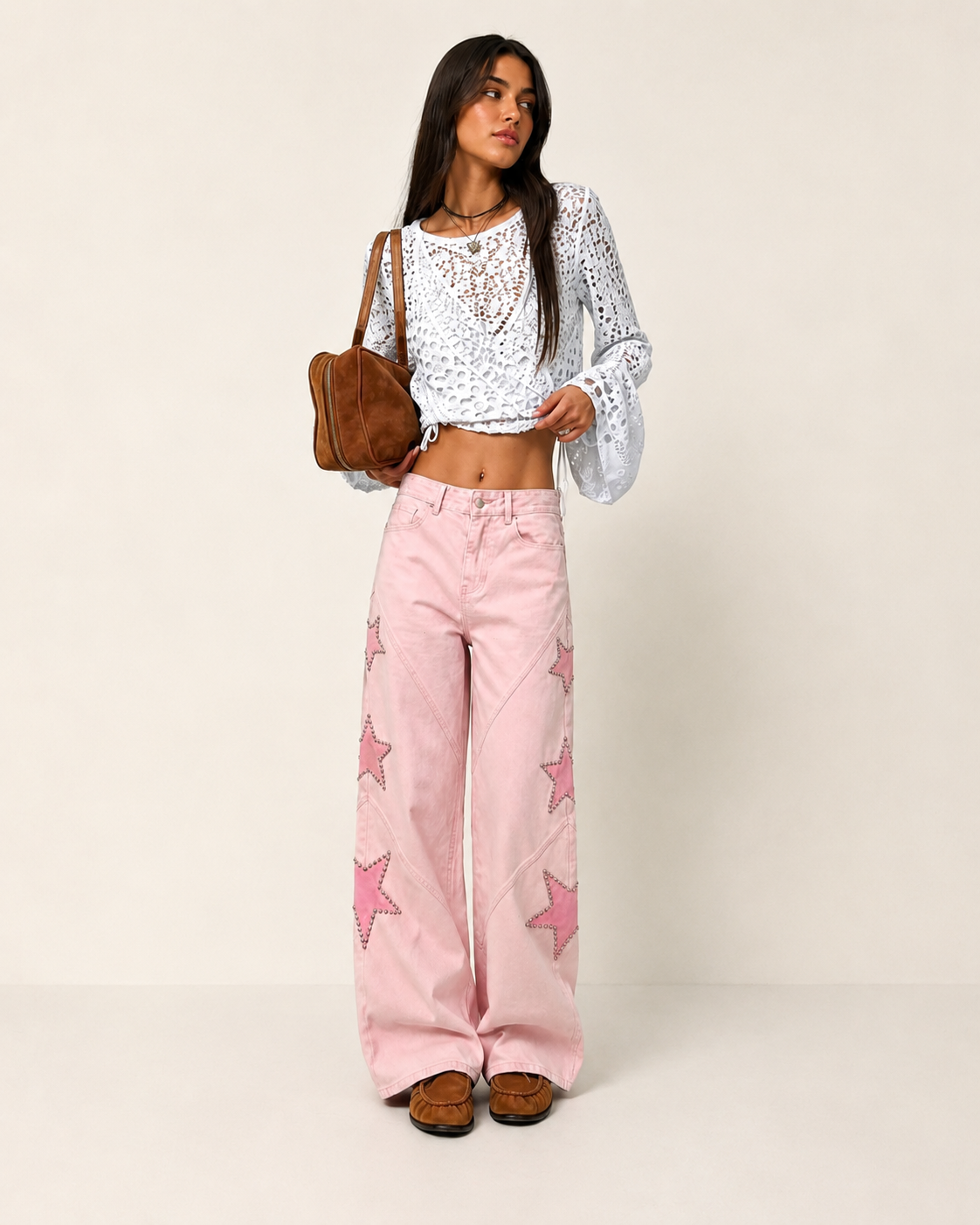 Jeans Wide Leg con Stelle Applicate