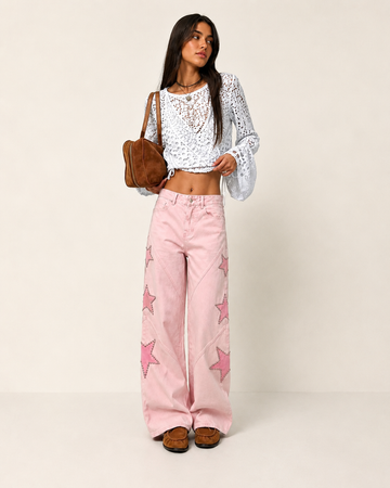Jeans Wide Leg con Stelle Applicate