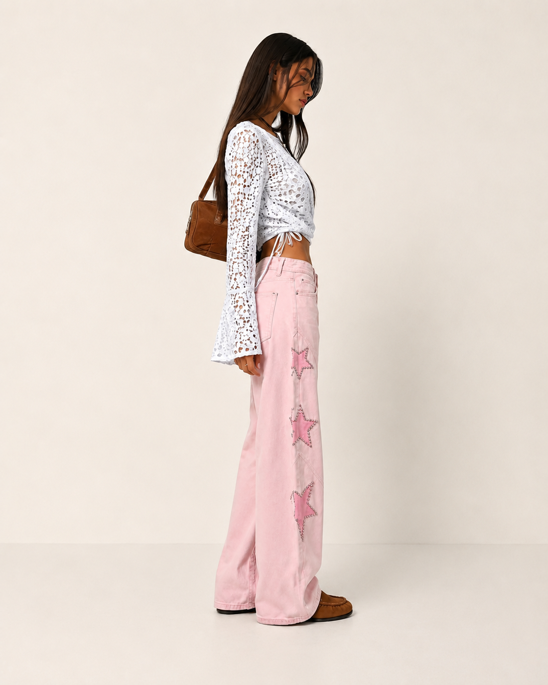 Jeans Wide Leg con Stelle Applicate