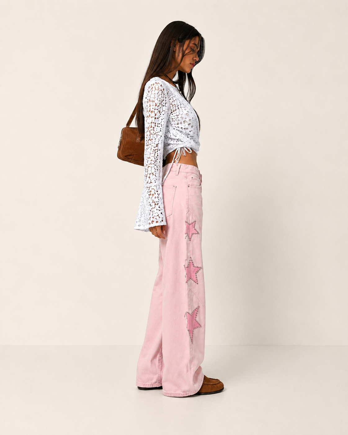 Jeans Wide Leg con Stelle Applicate