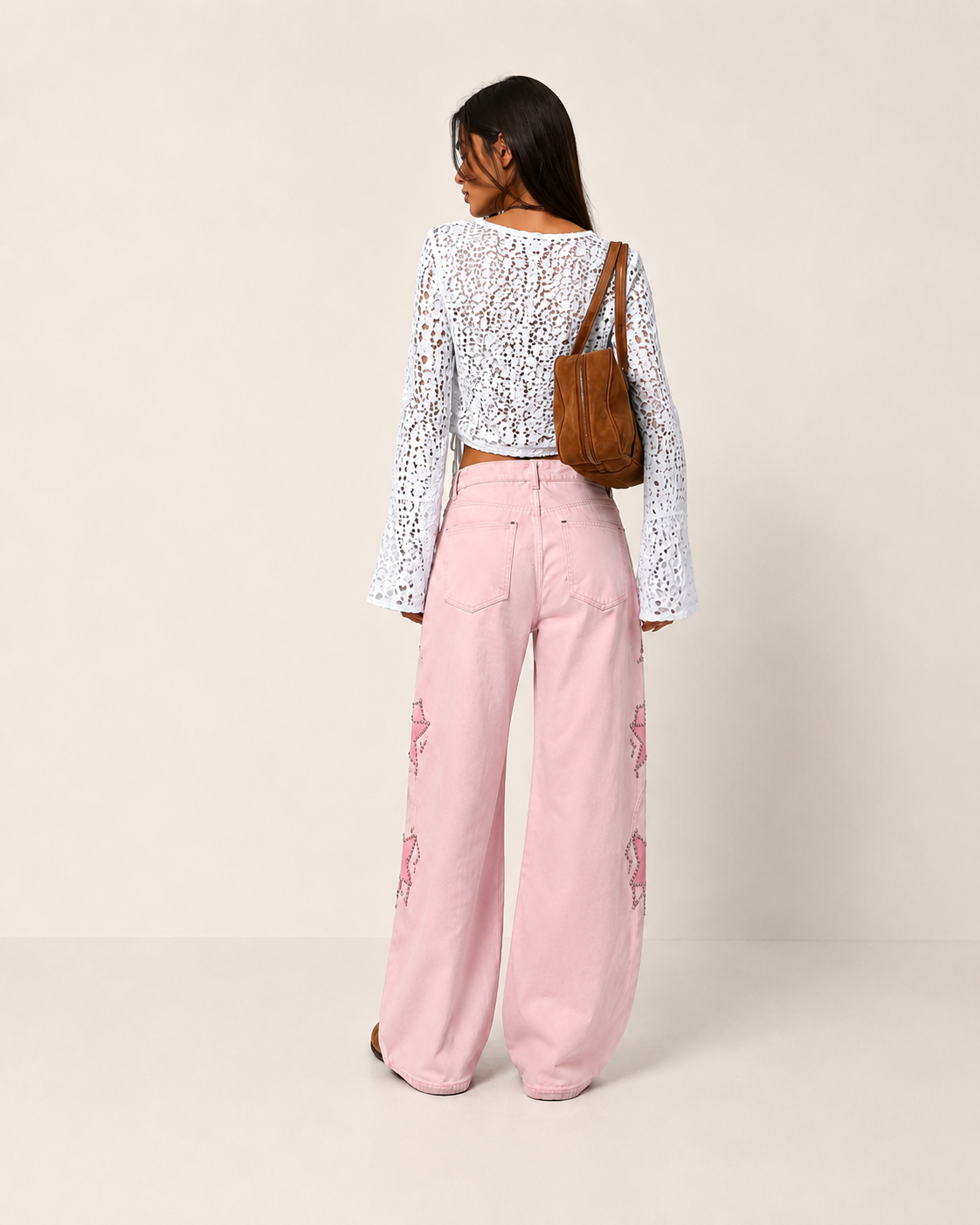 Jeans Wide Leg con Stelle Applicate