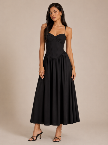 Abito Midi con Corpino Corsetto e Gonna Ampia