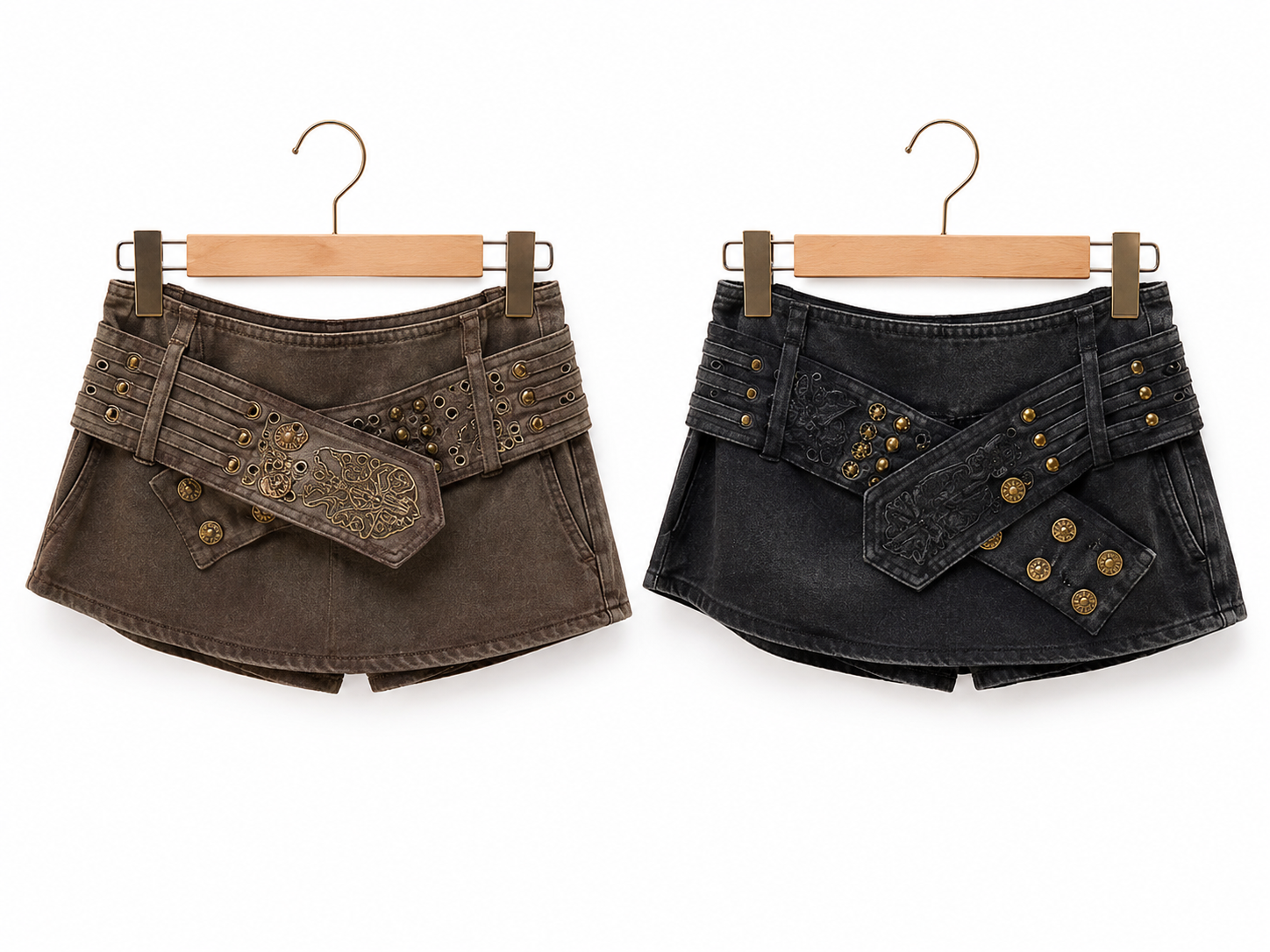 Minigonna Skort Vintage con Cintura Incrociata e Borchie