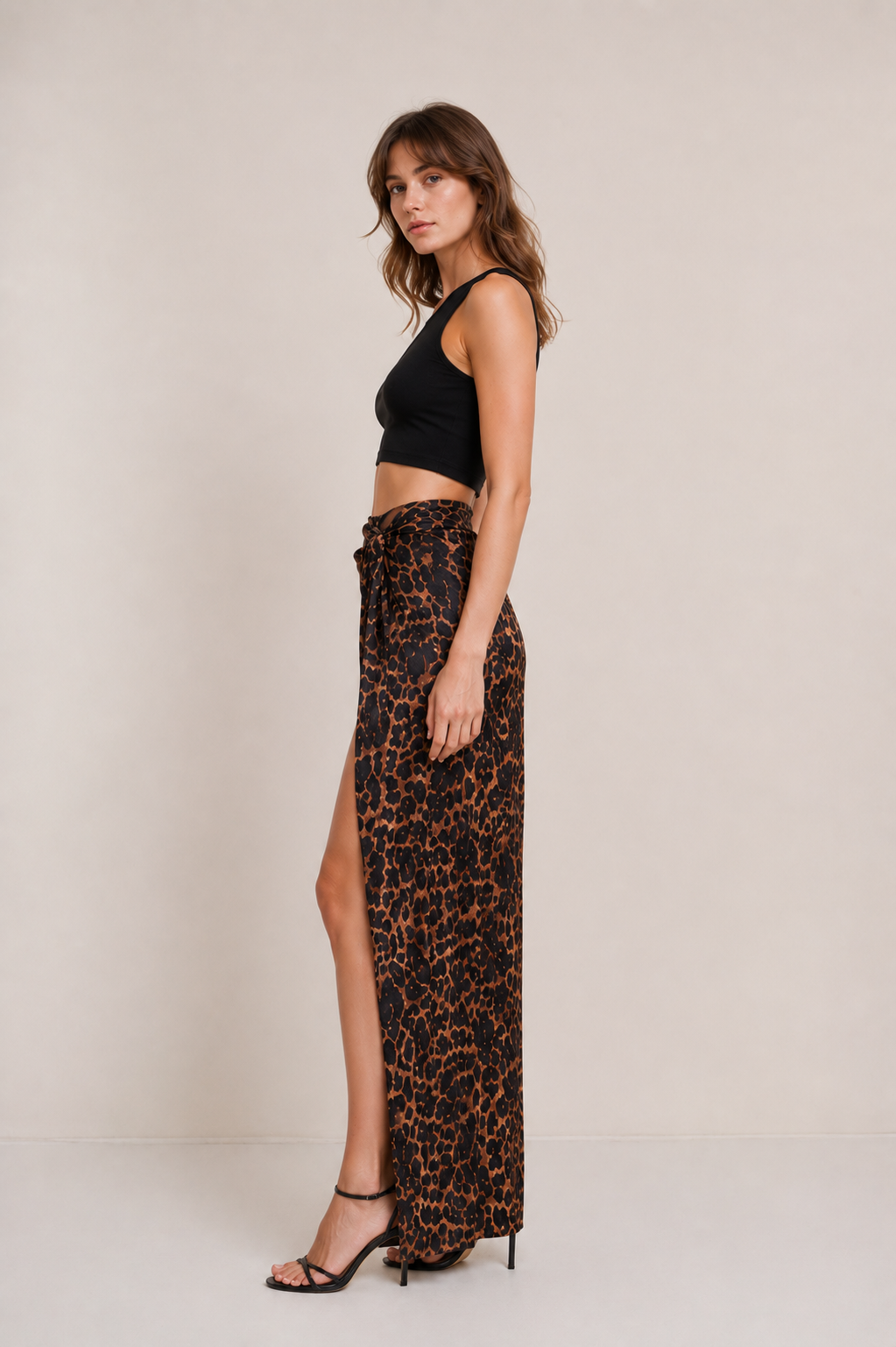 Gonna Lunga Leopardata con Spacco e Drappeggio Laterale