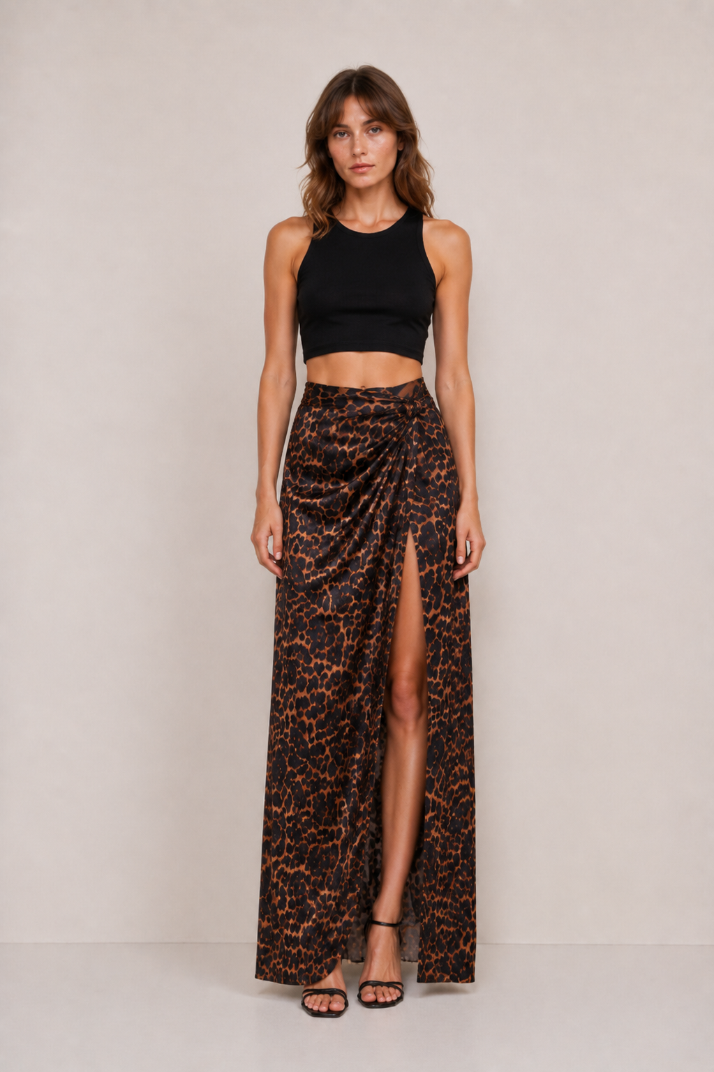 Gonna Lunga Leopardata con Spacco e Drappeggio Laterale