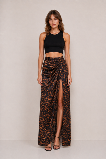 Gonna Lunga Leopardata con Spacco e Drappeggio Laterale