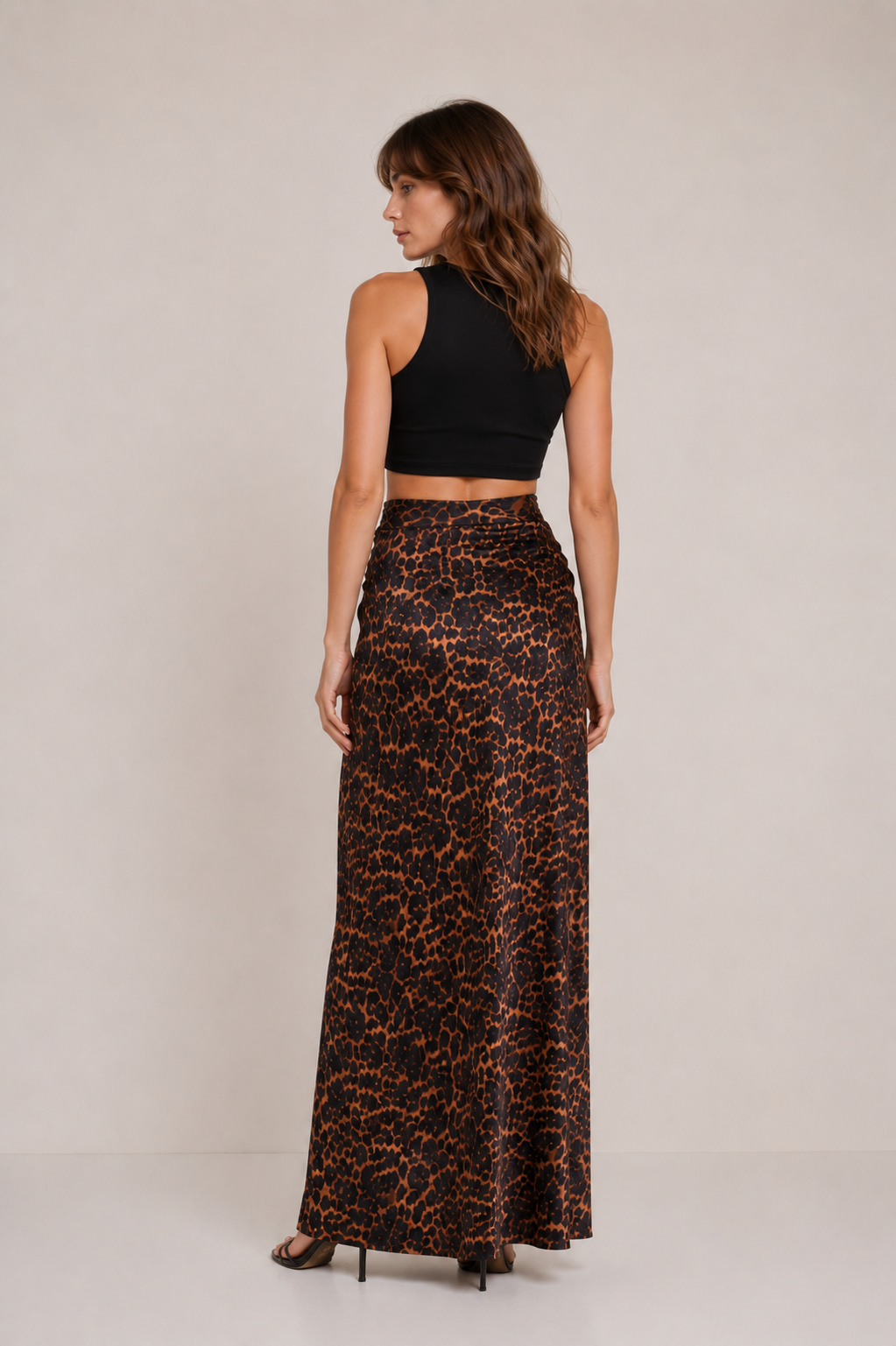 Gonna Lunga Leopardata con Spacco e Drappeggio Laterale