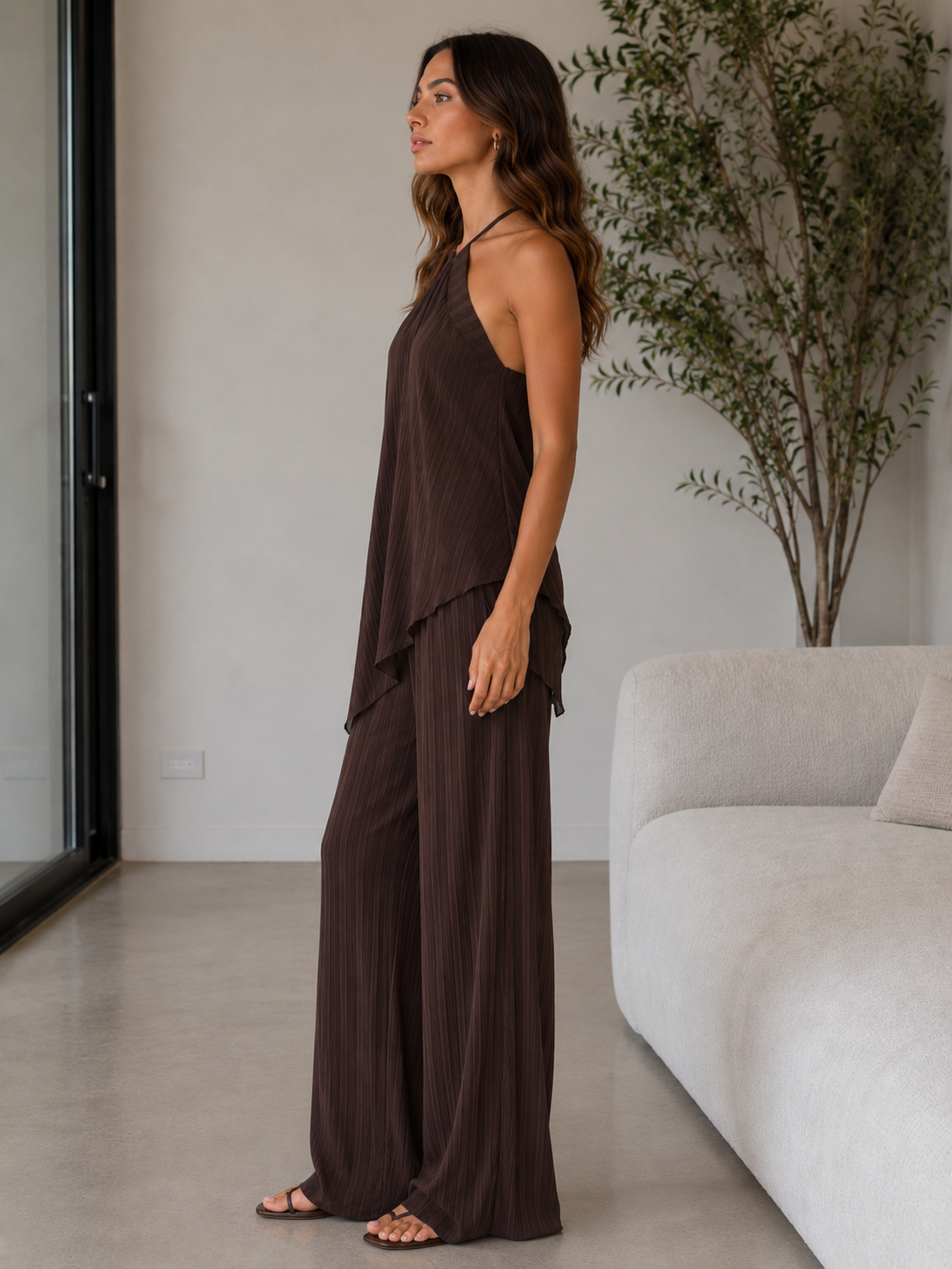 Completo Plissé con Top Halter e Pantalone Palazzo
