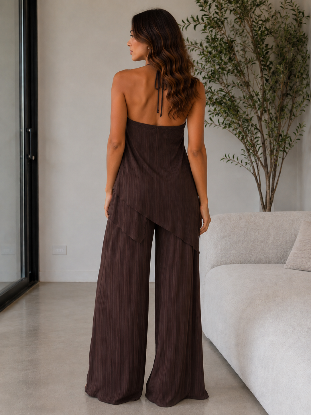 Completo Plissé con Top Halter e Pantalone Palazzo