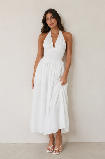 Abito Midi Halter Bianco con Schiena Scoperta