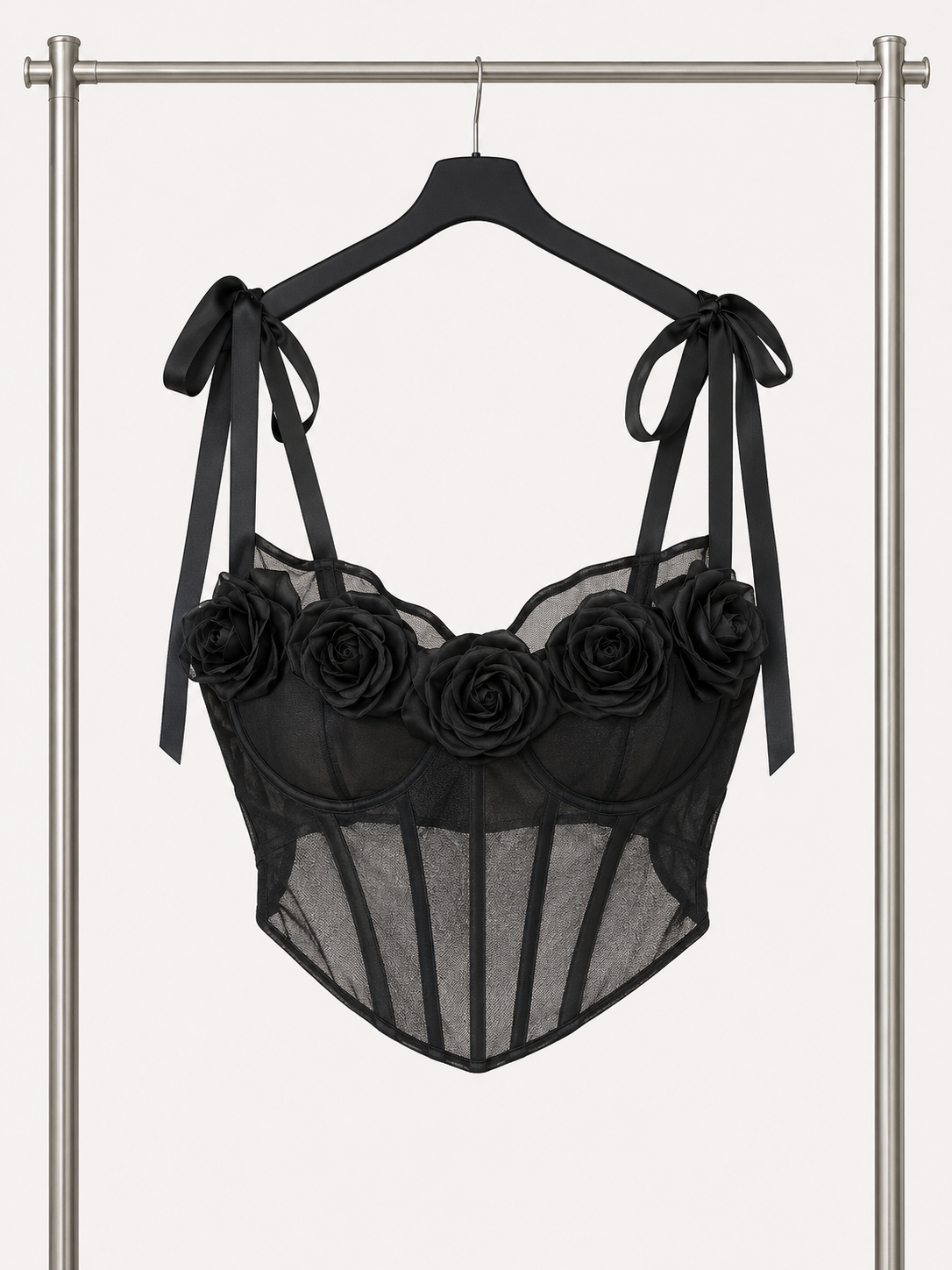 Corsetto Nero in Tulle con Rose 3D e Spalline Fiocco