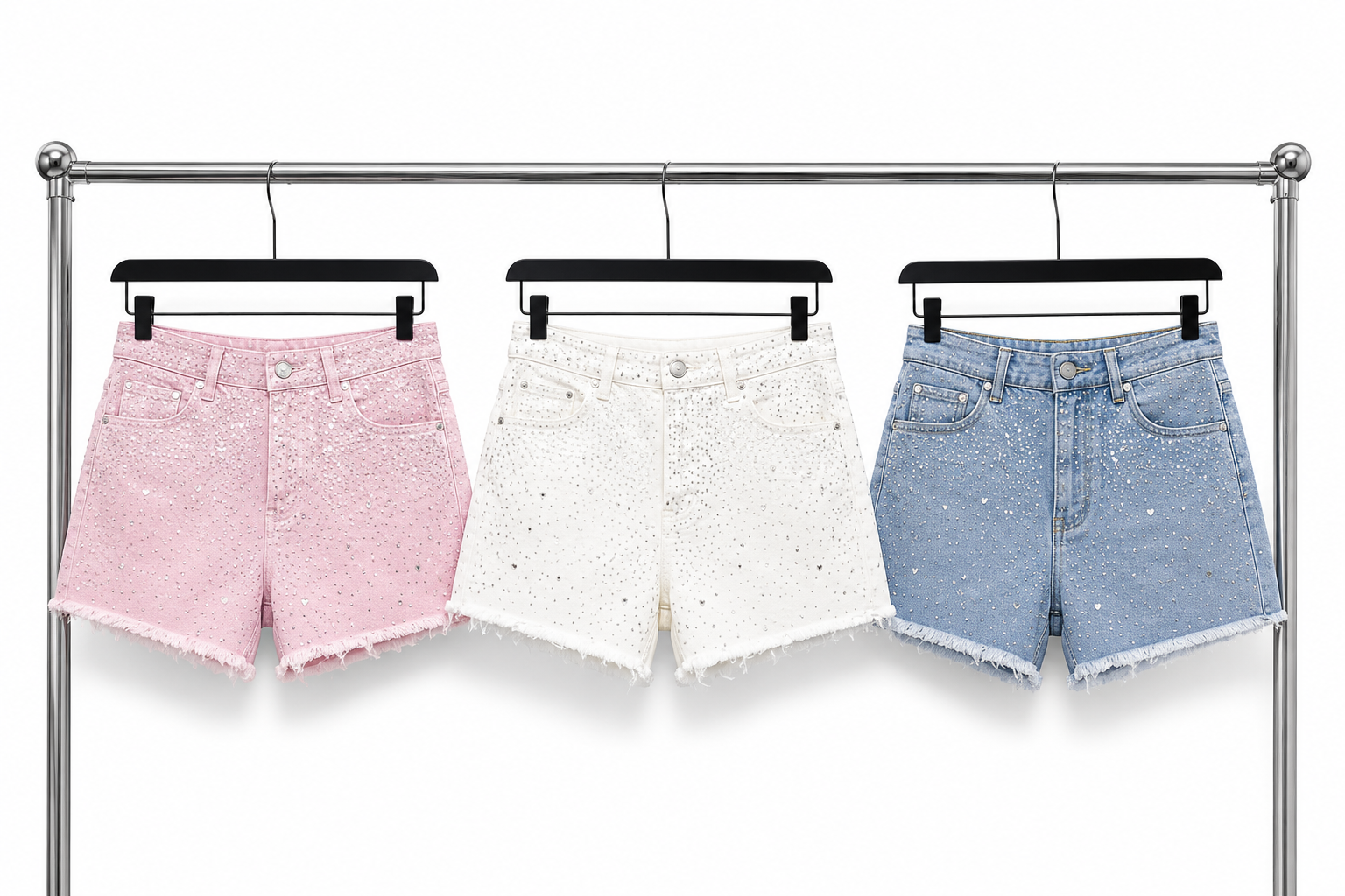 Shorts in Denim con Strass e Cuori – Vita Alta
