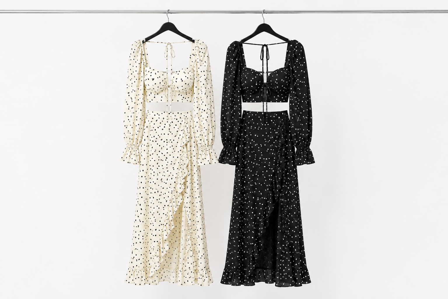 Set Due Pezzi Pois con Top Arricciato e Gonna Maxi con Volant