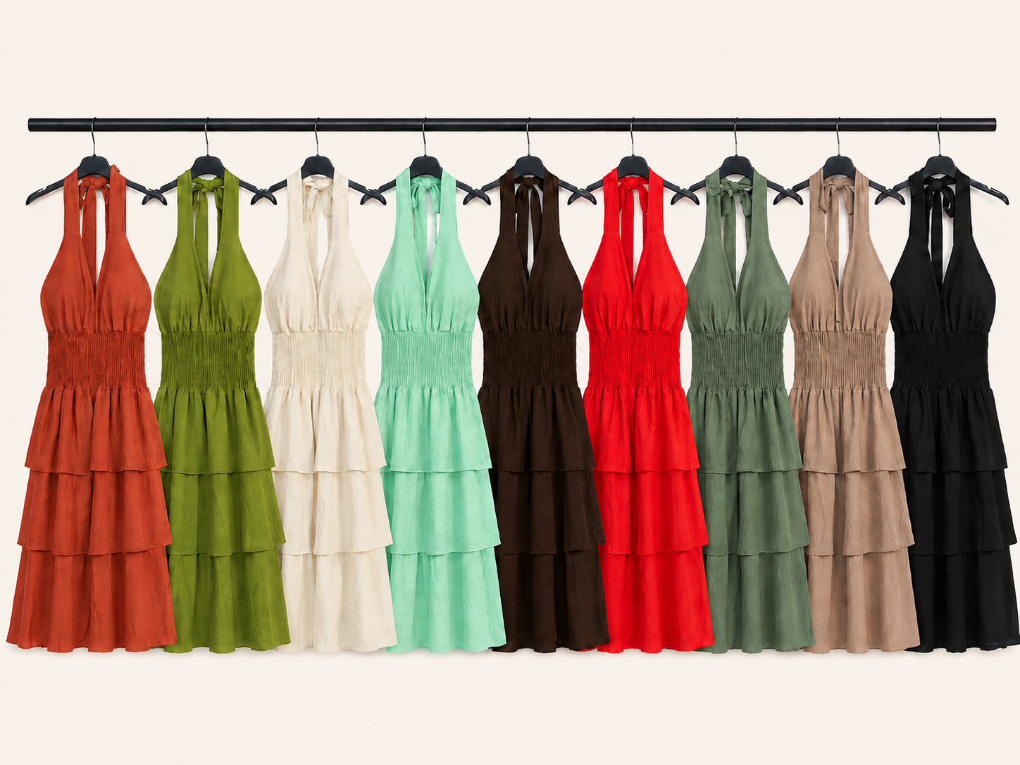 Abito Midi Verde Oliva con Scollo Halter e Gonna a Balze