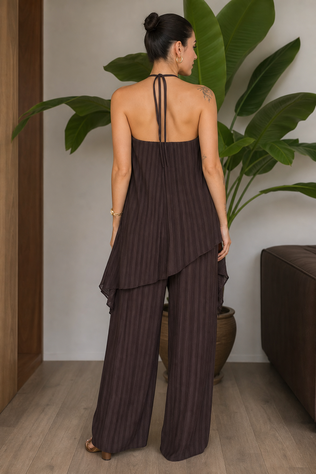 Completo Plissé con Top Halter e Pantalone Palazzo