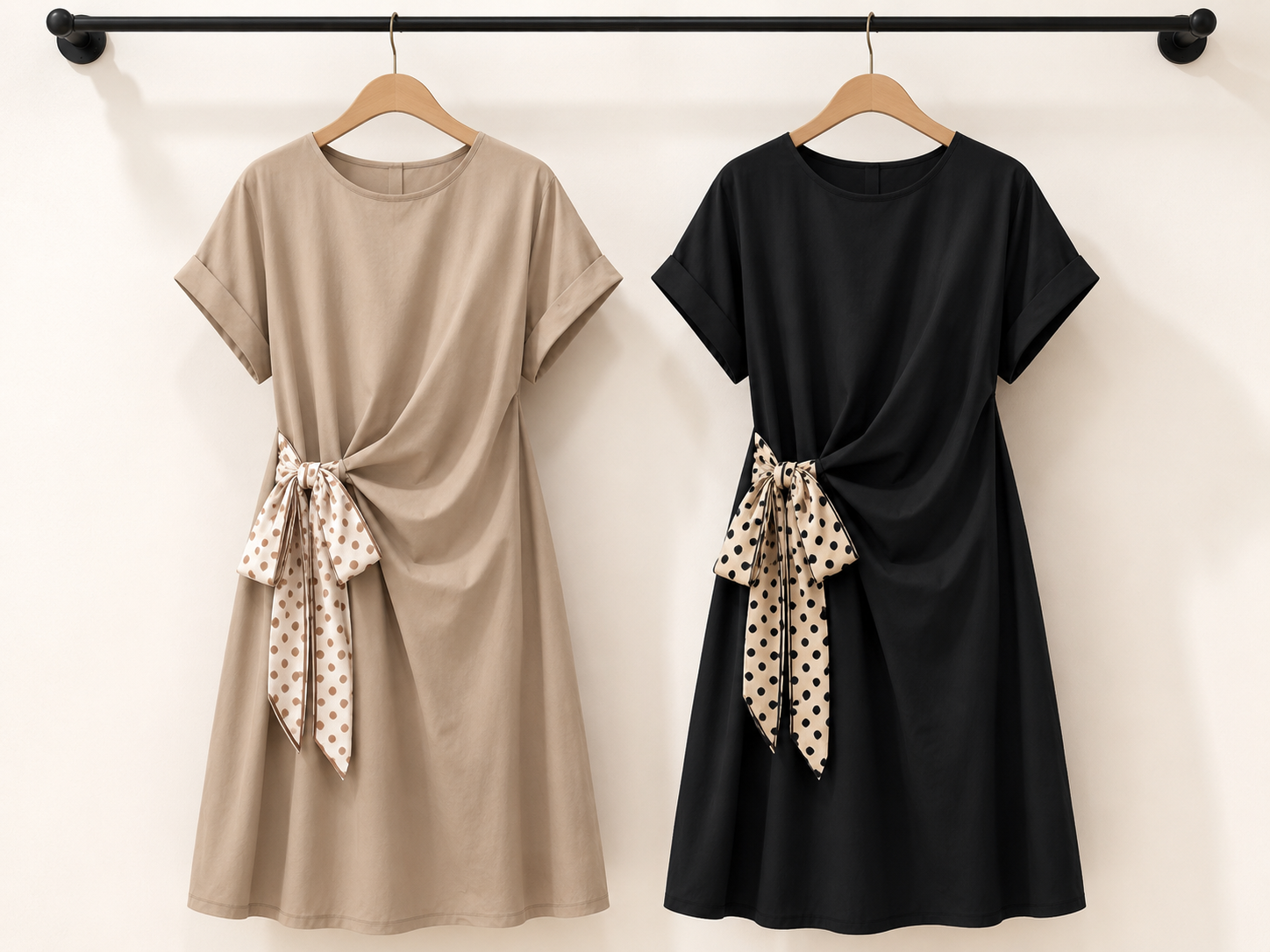 Abito Corto con Fiocco Laterale a Pois e Drappeggio in Vita