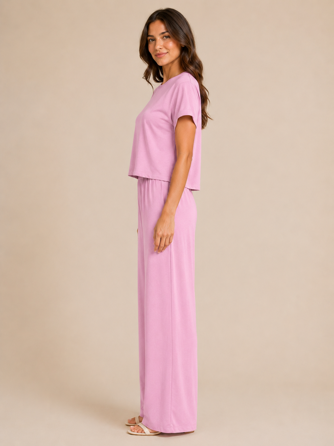 Completo Rosa in Jersey con T-shirt e Pantalone Palazzo
