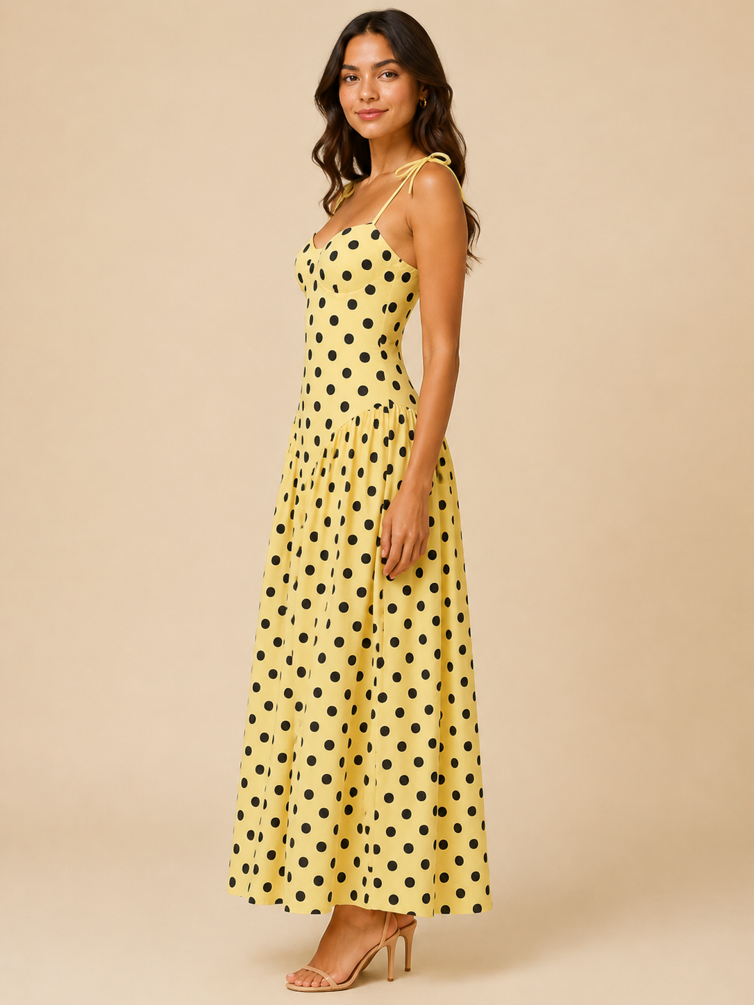 Abito Lungo Giallo a Pois con Spalline Annodate