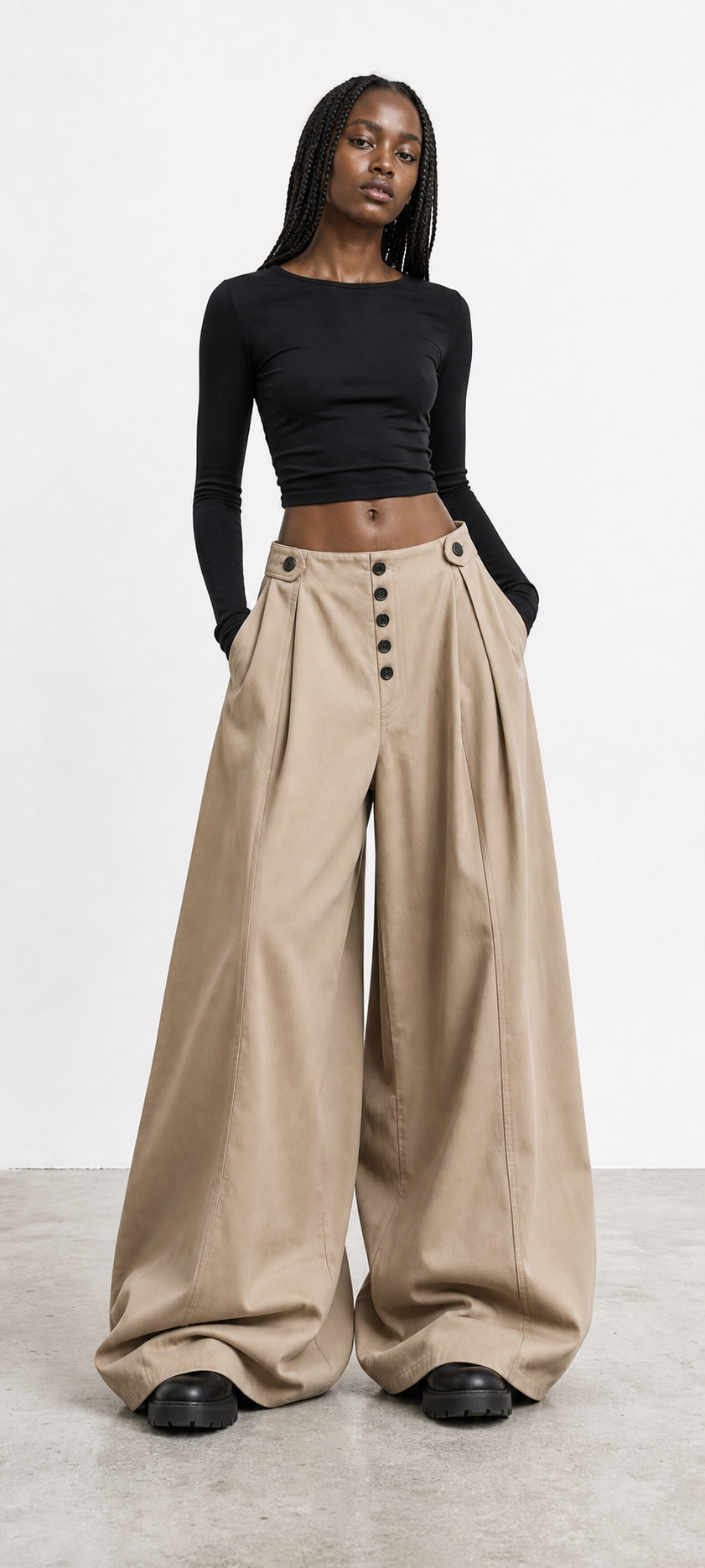 Pantaloni Balloon Oversize a Vita Alta con Bottoni