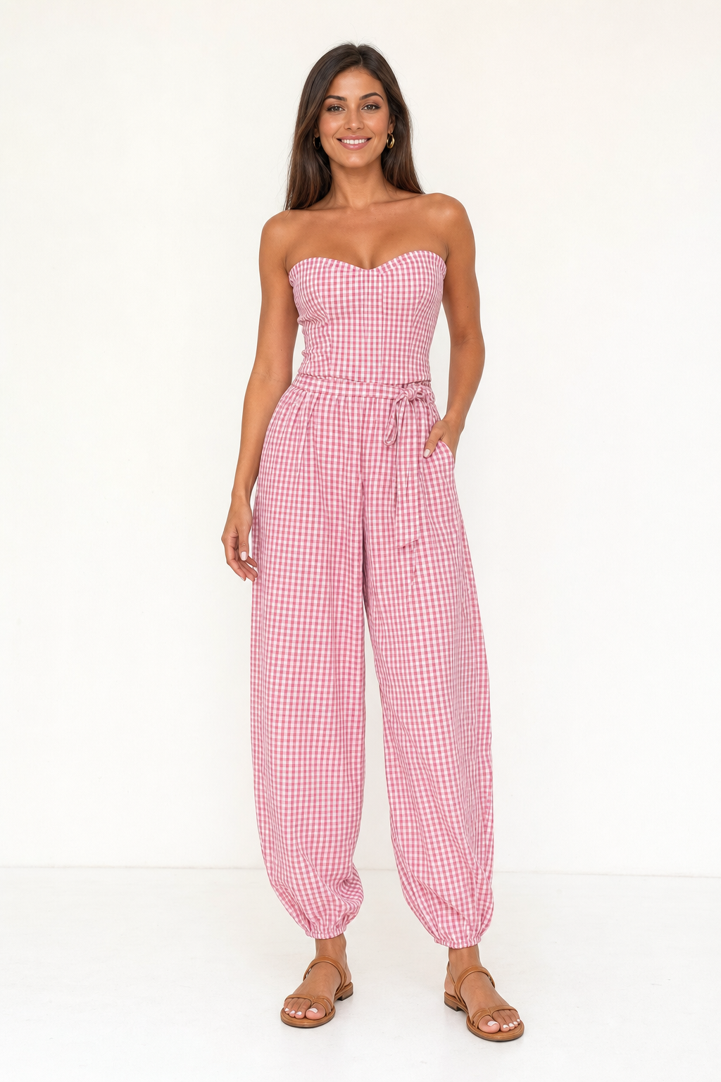Completo a Quadretti con Top Bustier e Pantalone Morbido