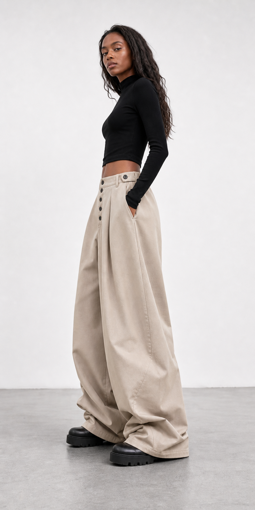 Pantaloni Balloon Oversize a Vita Alta con Bottoni